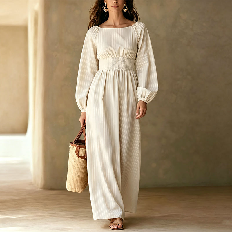 Robe longue rayée pour femme à taille élastique