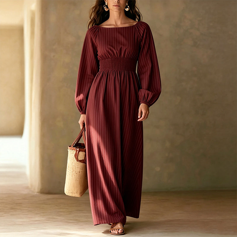 Robe longue rayée pour femme à taille élastique