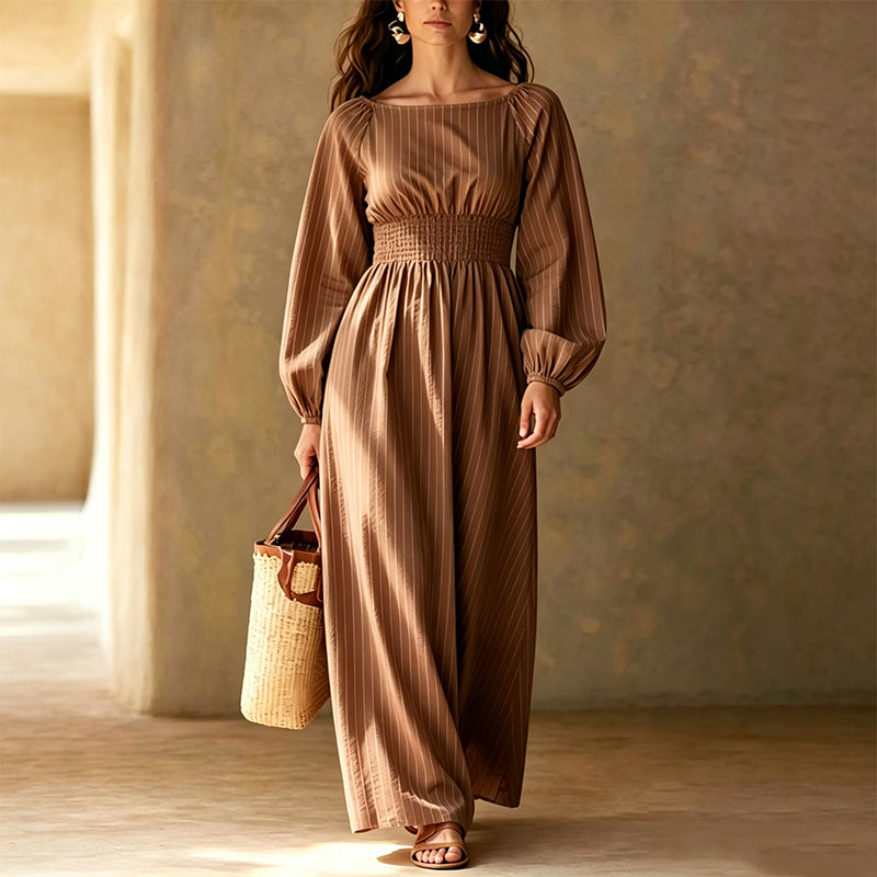 Robe longue rayée pour femme à taille élastique