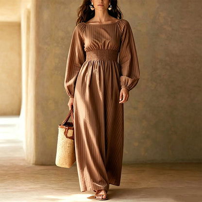Robe longue rayée pour femme à taille élastique
