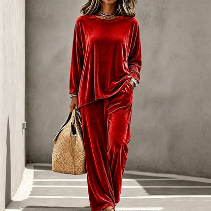 Ensemble haut à manches longues en velours et pantalon large pour femme