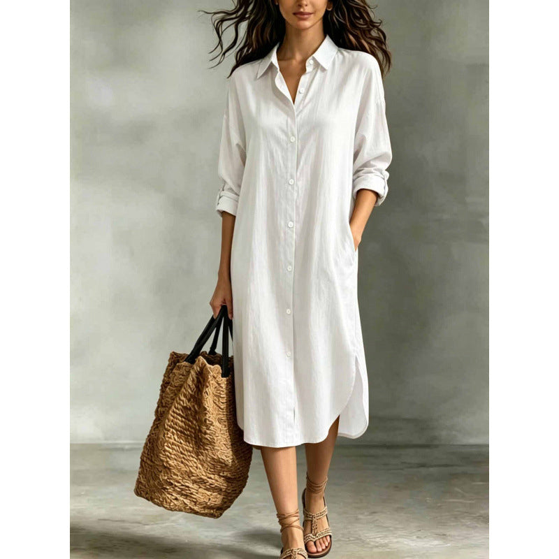 Robe chemise oversize pour femme en coton et lin avec poches