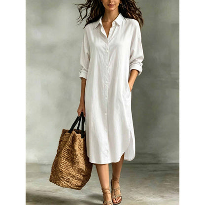Robe chemise oversize pour femme en coton et lin avec poches