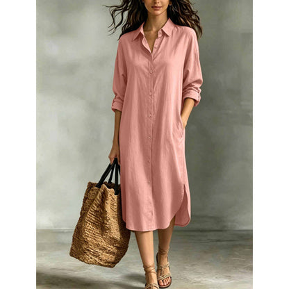 Robe chemise oversize pour femme en coton et lin avec poches