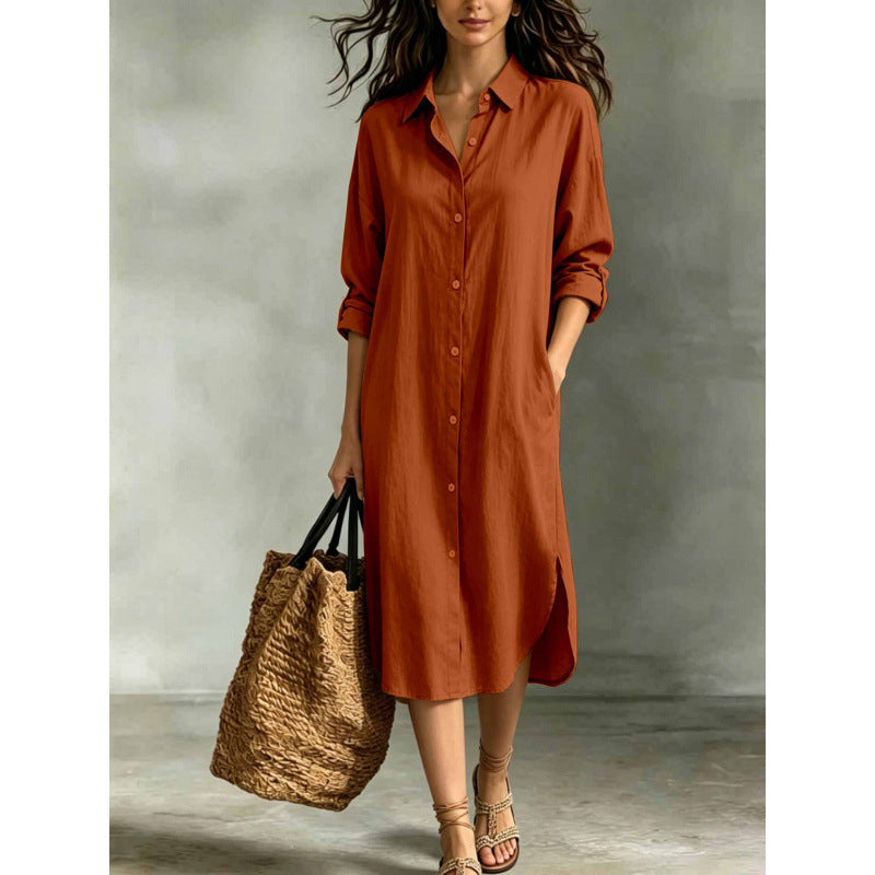Robe chemise oversize pour femme en coton et lin avec poches