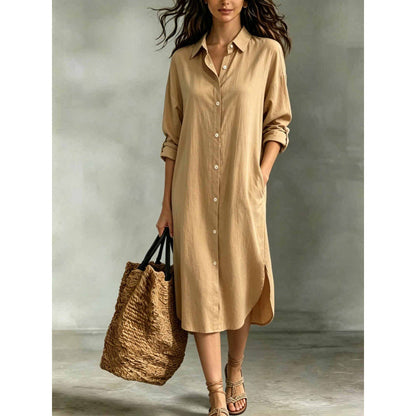 Robe chemise oversize pour femme en coton et lin avec poches