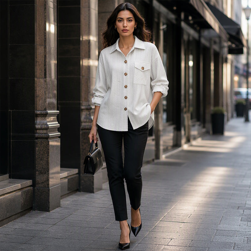 Chemise texturée à manches longues et boutons pour femme