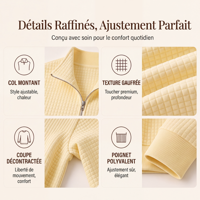 Sweat matelassé à grille pour femme, demi-zip