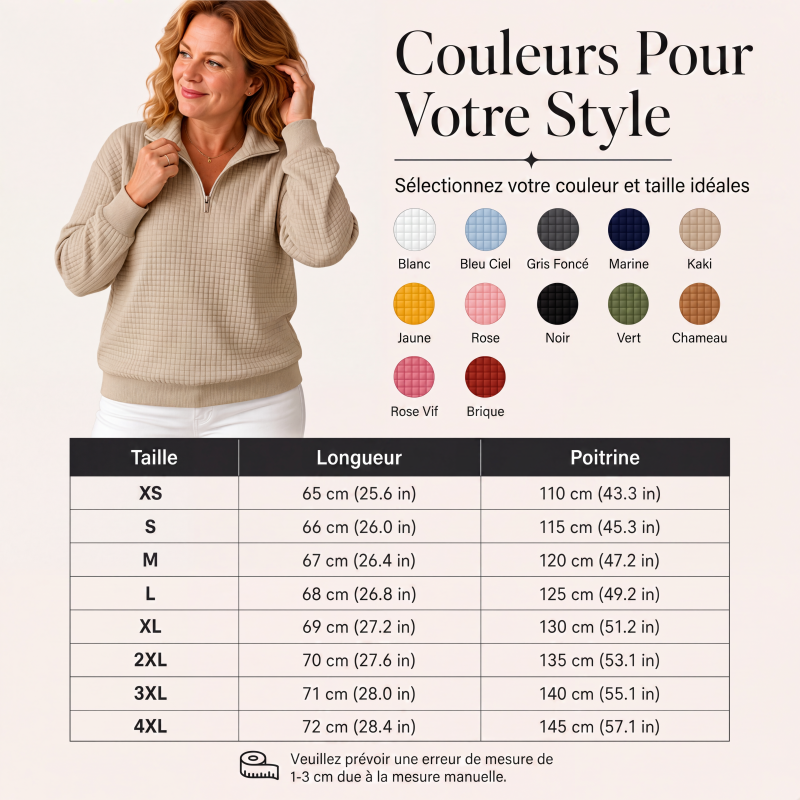 Sweat matelassé à grille pour femme, demi-zip