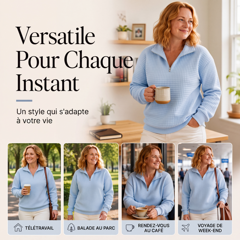 Sweat matelassé à grille pour femme, demi-zip