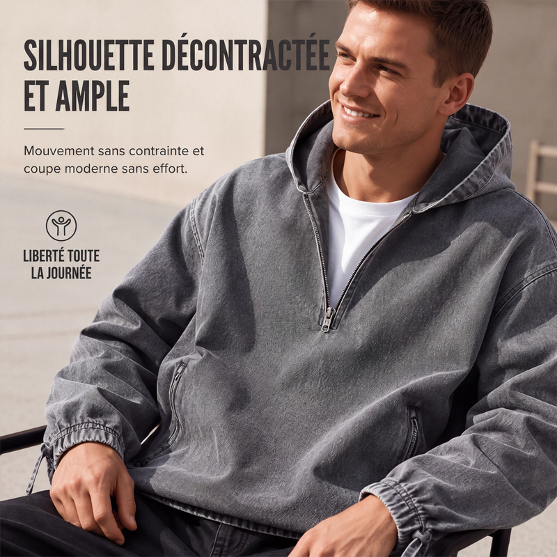 Haut à capuche à demi-zip vintage délavé pour homme