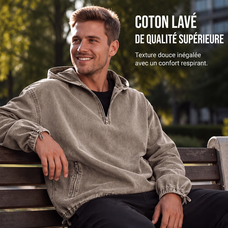 Haut à capuche à demi-zip vintage délavé pour homme