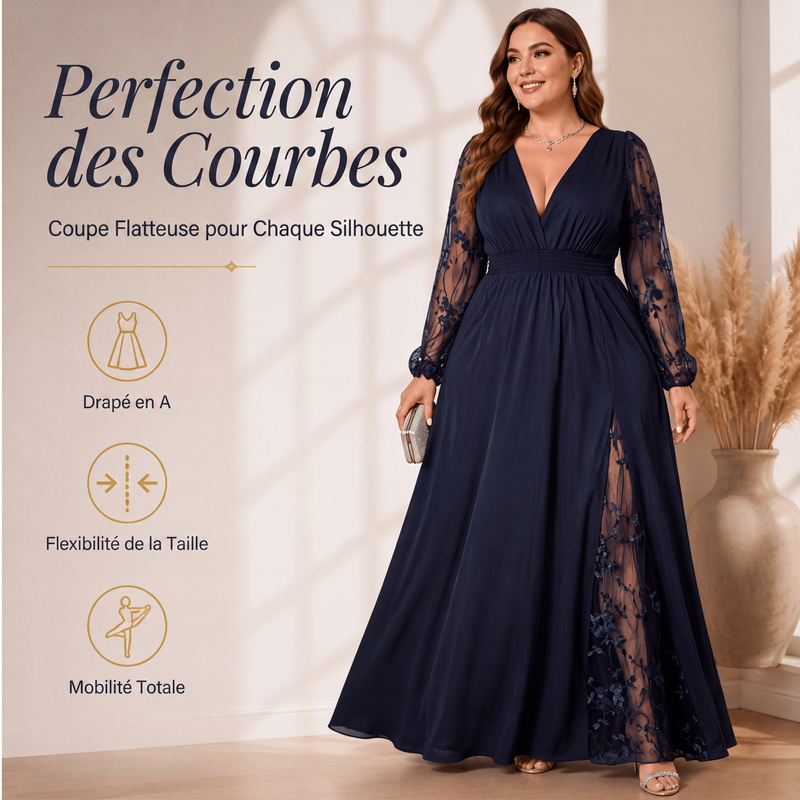 Robe longue élégante pour femme à col V avec empiècements en dentelle