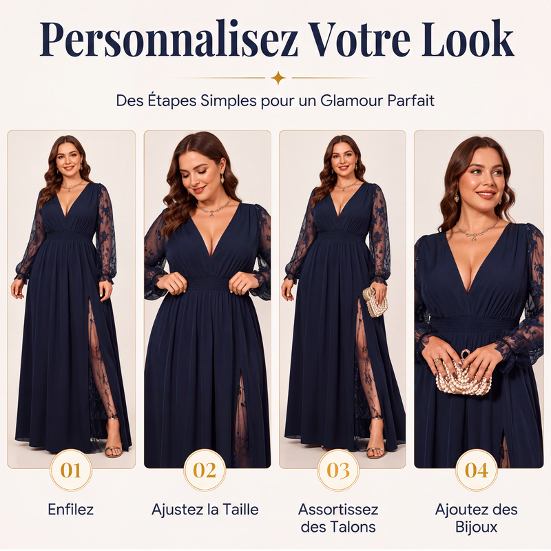 Robe longue élégante pour femme à col V avec empiècements en dentelle