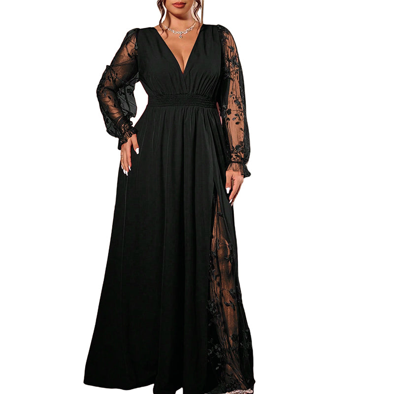 Robe longue élégante pour femme à col V avec empiècements en dentelle