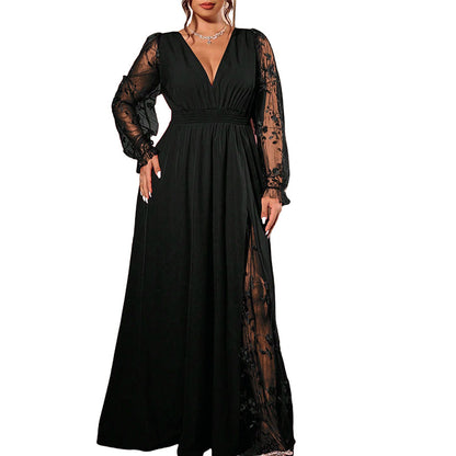 Robe longue élégante pour femme à col V avec empiècements en dentelle