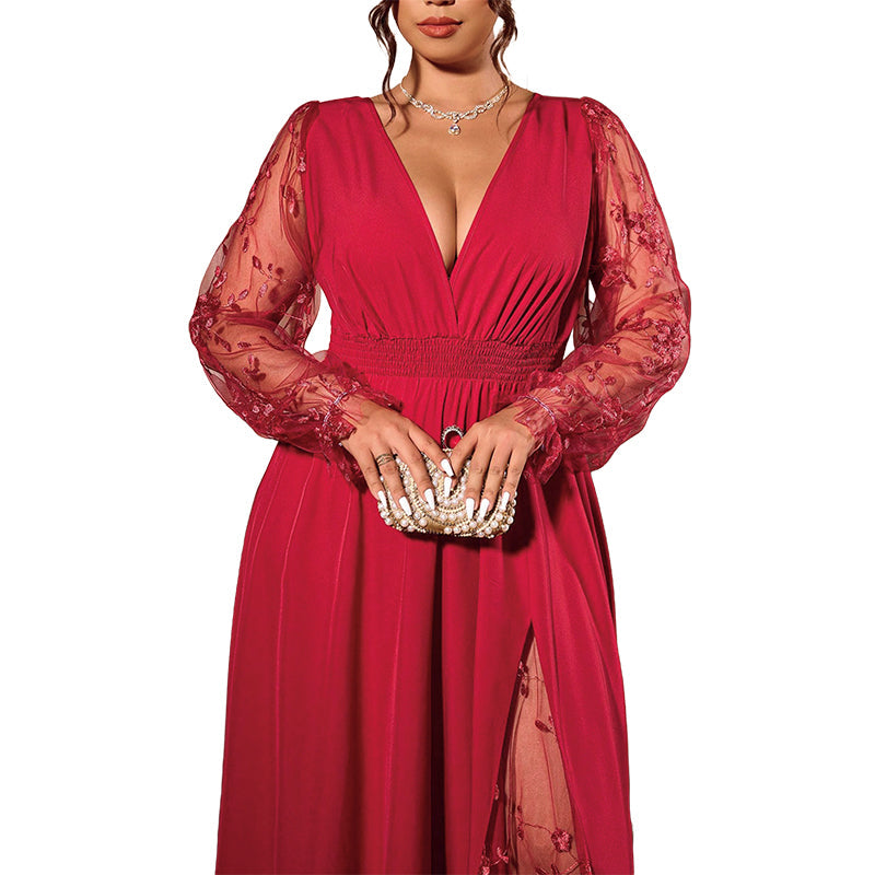 Robe longue élégante pour femme à col V avec empiècements en dentelle