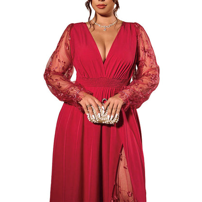 Robe longue élégante pour femme à col V avec empiècements en dentelle