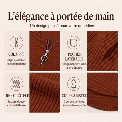 Robe en maille côtelée avec fermeture éclair sur le devant pour femme