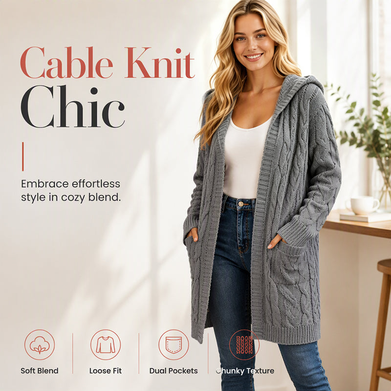 Cardigan long à capuche en maille pour femme, avec poches