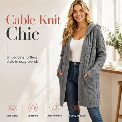 Cardigan long à capuche en maille pour femme, avec poches