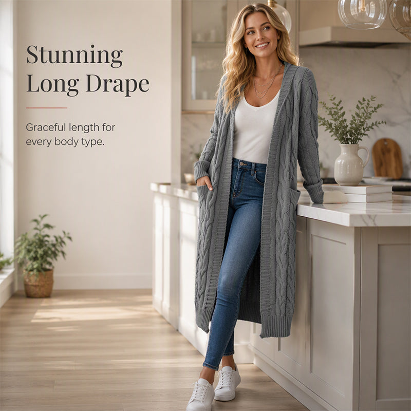 Cardigan long à capuche en maille pour femme, avec poches