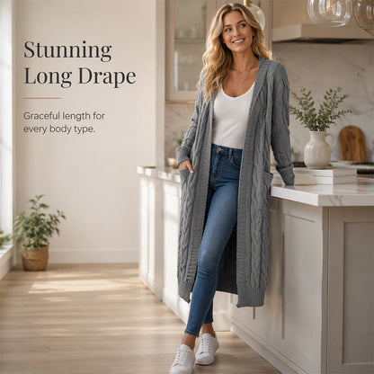 Cardigan long à capuche en maille pour femme, avec poches