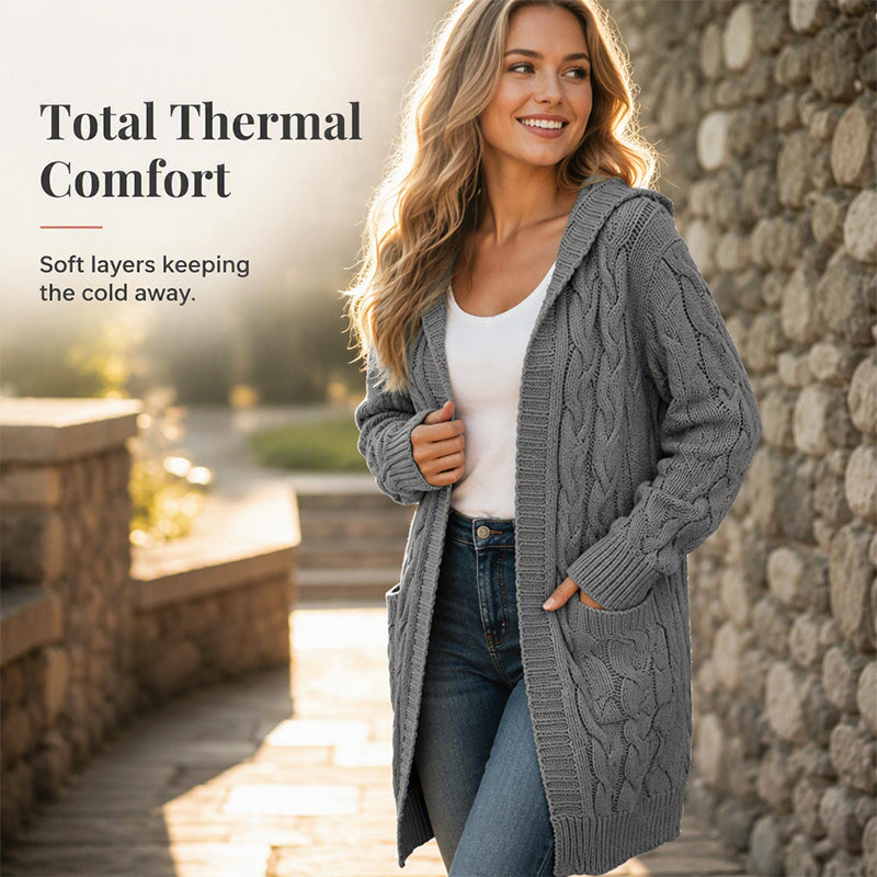 Cardigan long à capuche en maille pour femme, avec poches