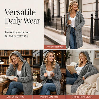 Cardigan long à capuche en maille pour femme, avec poches