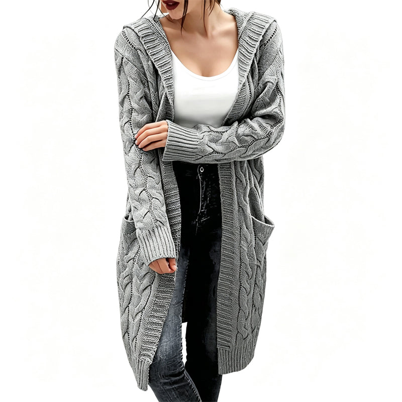 Cardigan long à capuche en maille pour femme, avec poches