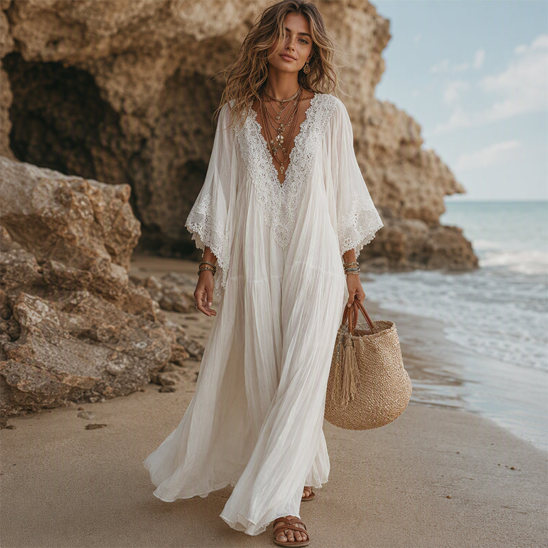 Robe d'été ample en dentelle à col V pour femme