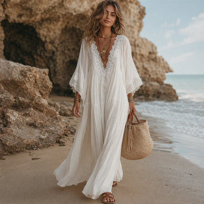 Robe d'été ample en dentelle à col V pour femme
