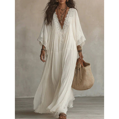 Robe d'été ample en dentelle à col V pour femme