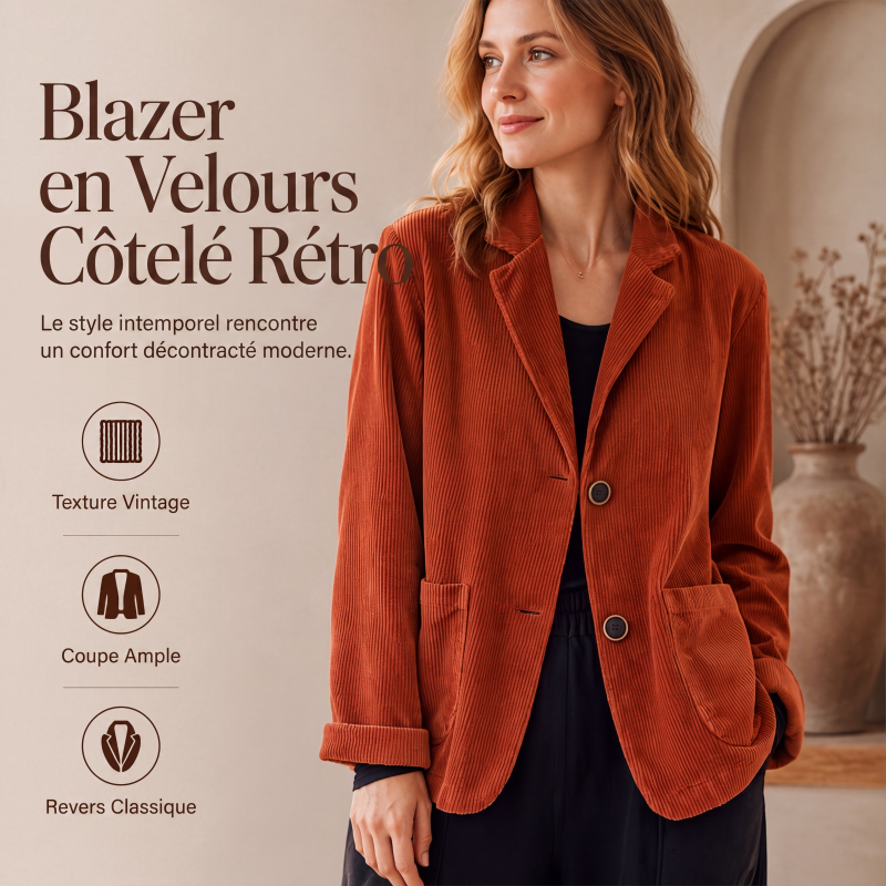 Veste en velours côtelé vintage pour femme, coupe décontractée ample, col tailleur, avec poches