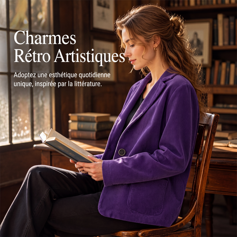 Veste en velours côtelé vintage pour femme, coupe décontractée ample, col tailleur, avec poches