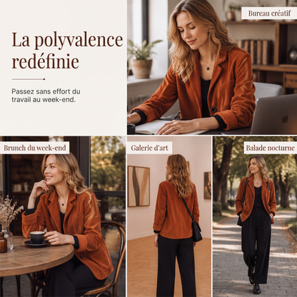 Veste en velours côtelé vintage pour femme, coupe décontractée ample, col tailleur, avec poches