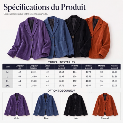 Veste en velours côtelé vintage pour femme, coupe décontractée ample, col tailleur, avec poches