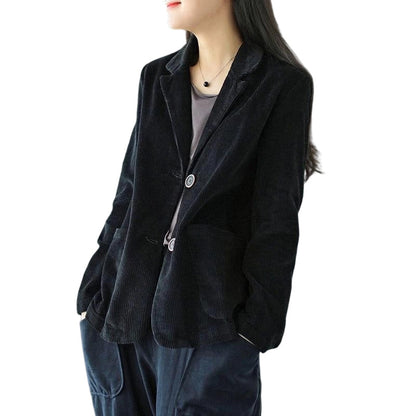 Veste en velours côtelé vintage pour femme, coupe décontractée ample, col tailleur, avec poches