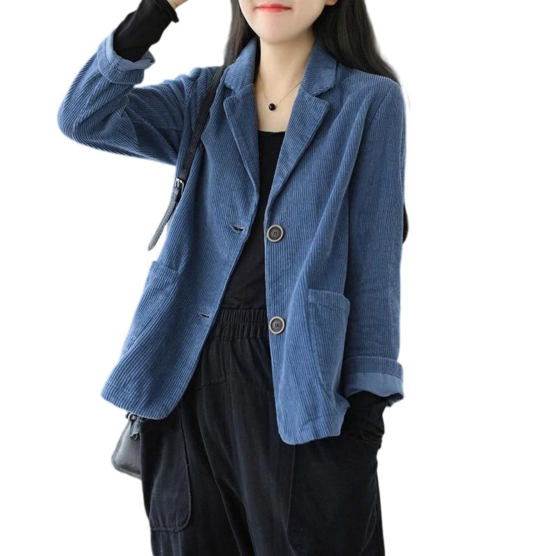 Veste en velours côtelé vintage pour femme, coupe décontractée ample, col tailleur, avec poches