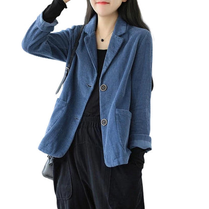 Veste en velours côtelé vintage pour femme, coupe décontractée ample, col tailleur, avec poches