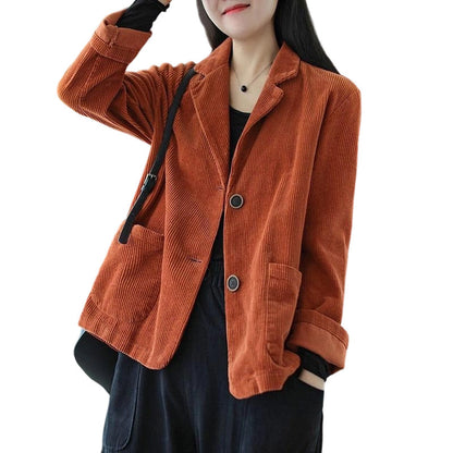 Veste en velours côtelé vintage pour femme, coupe décontractée ample, col tailleur, avec poches