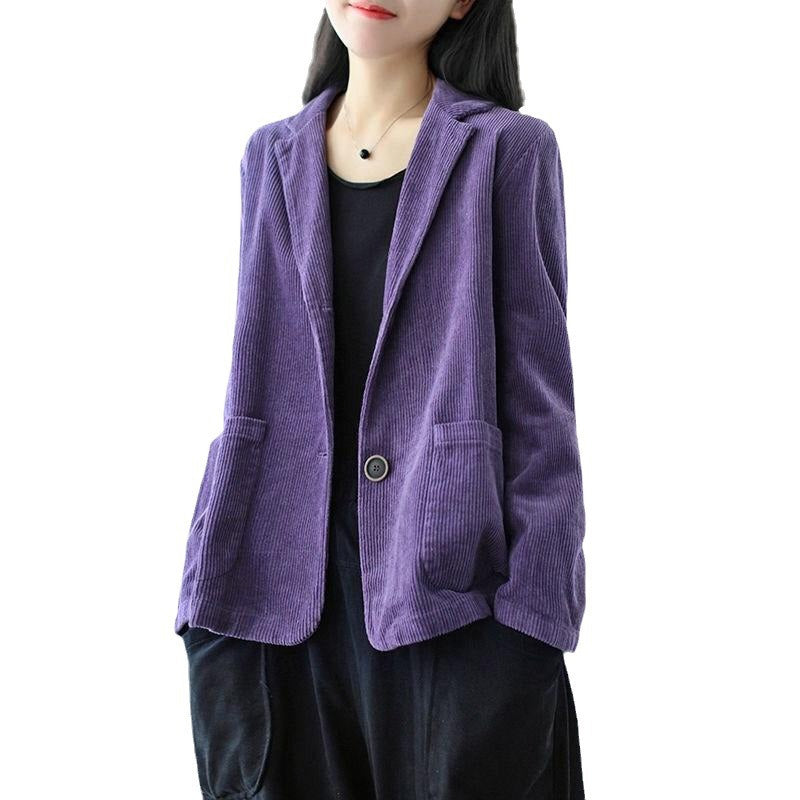 Veste en velours côtelé vintage pour femme, coupe décontractée ample, col tailleur, avec poches