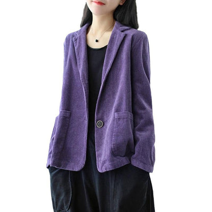 Veste en velours côtelé vintage pour femme, coupe décontractée ample, col tailleur, avec poches