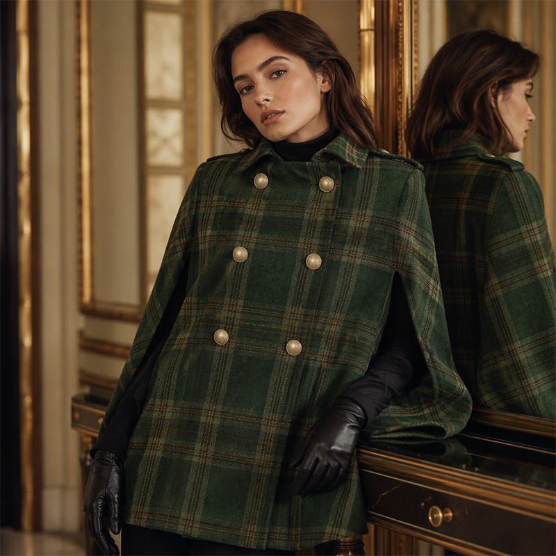 Manteau-cape à carreaux vintage pour femme