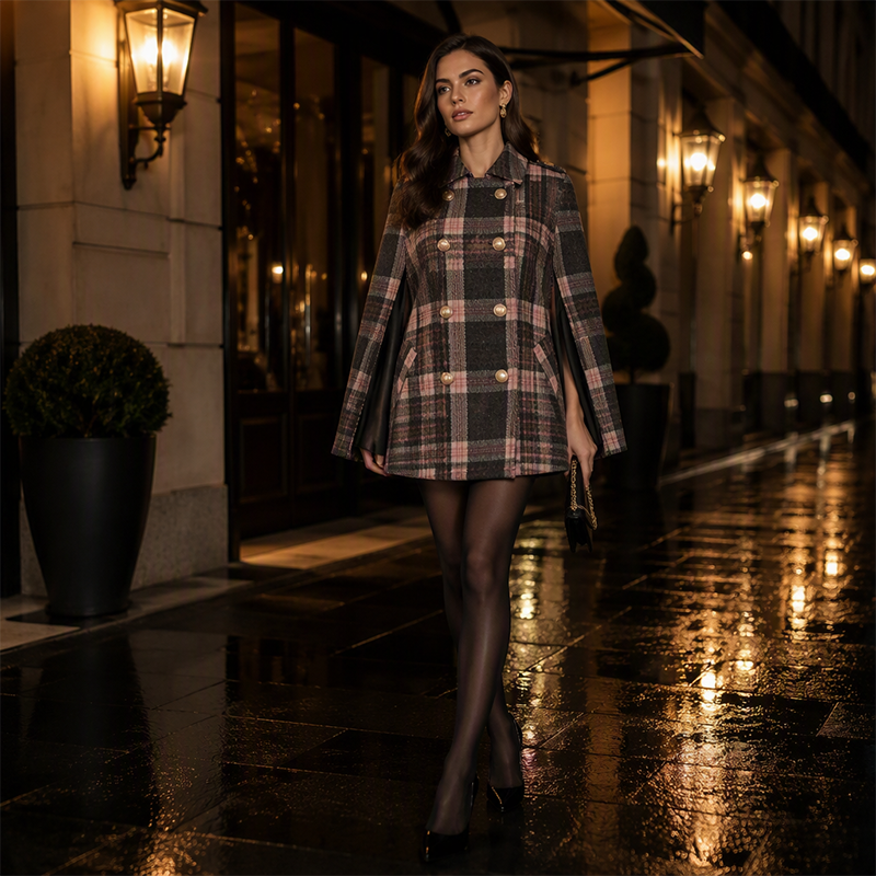 Manteau-cape à carreaux vintage pour femme