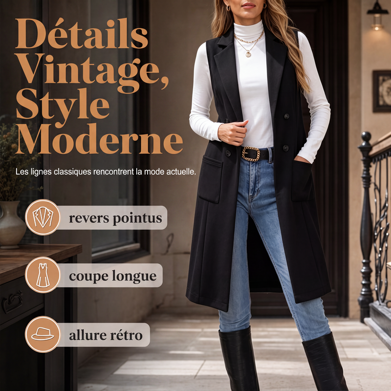 Veste longue chic sans manches et à devant ouvert pour femme