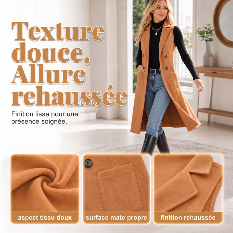 Veste longue chic sans manches et à devant ouvert pour femme