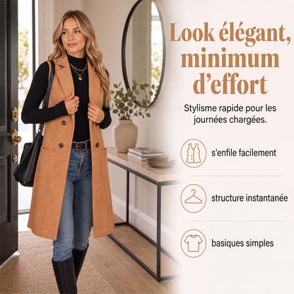 Veste longue chic sans manches et à devant ouvert pour femme