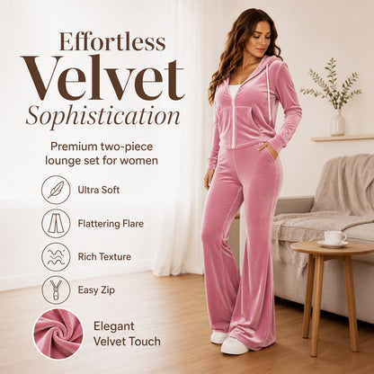 Ensemble femme composé d'un sweat à capuche zippé en velours et d'un pantalon évasé