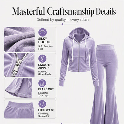Ensemble femme composé d'un sweat à capuche zippé en velours et d'un pantalon évasé